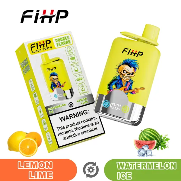 FiHP 40K 2-in-1 disposable vape and package for Lemon Lime and Watermelon Ice flavors