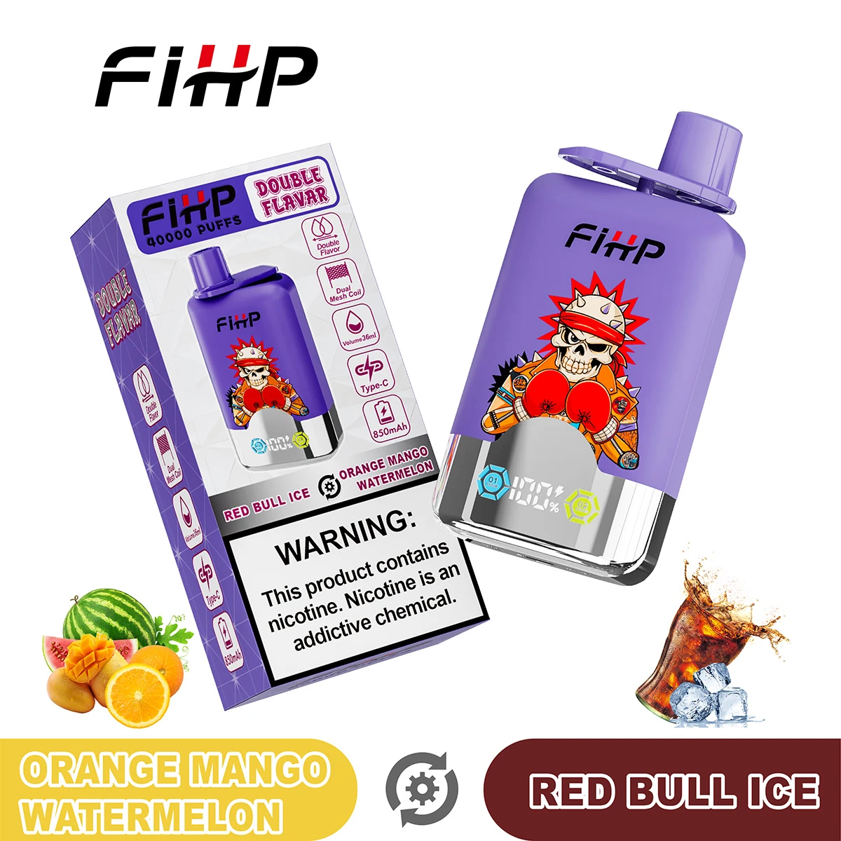 FiHP 40K 2-in-1 disposable vape and package for Orange Mango Watermelon and Red Bull Ice flavors