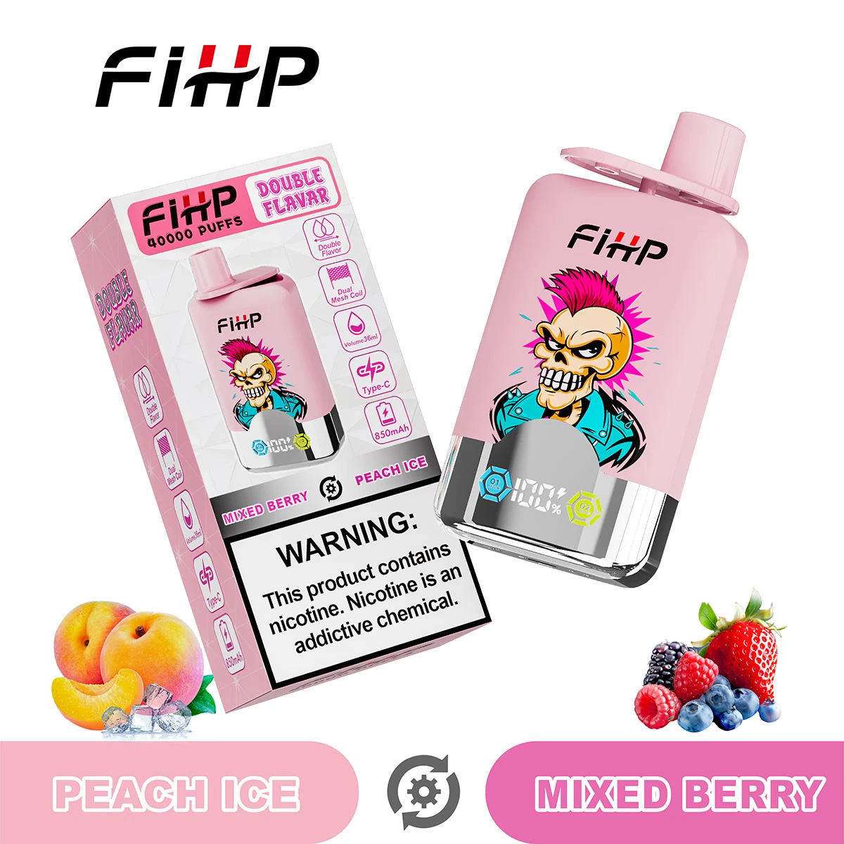 FiHP 40K 2-in-1 disposable vape and package for Peach Ice and Mixed Berry flavors