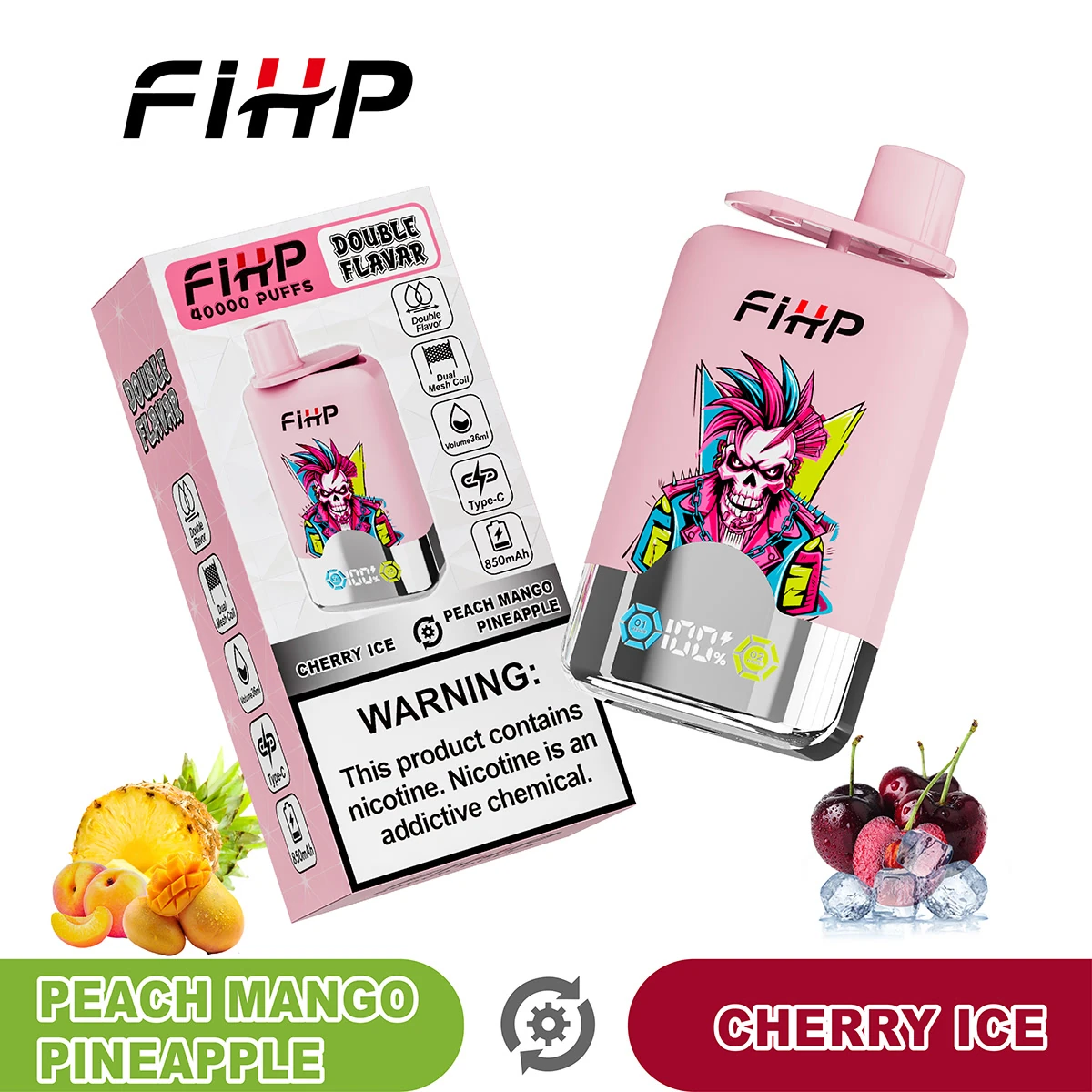 FiHP 40K 2-in-1 disposable vape and package for Peach Mango Pineapple and Cherry Ice flavors