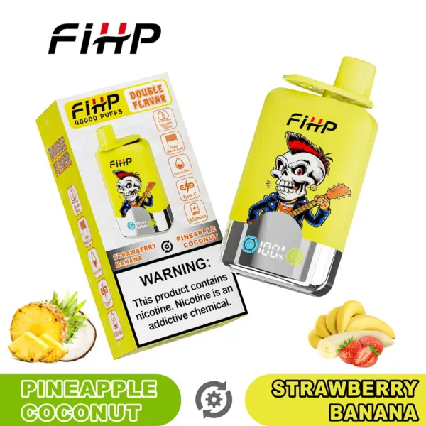 FiHP 40K 2-in-1 disposable vape and package for Pineapple Coconut and Strawberry Banana flavors