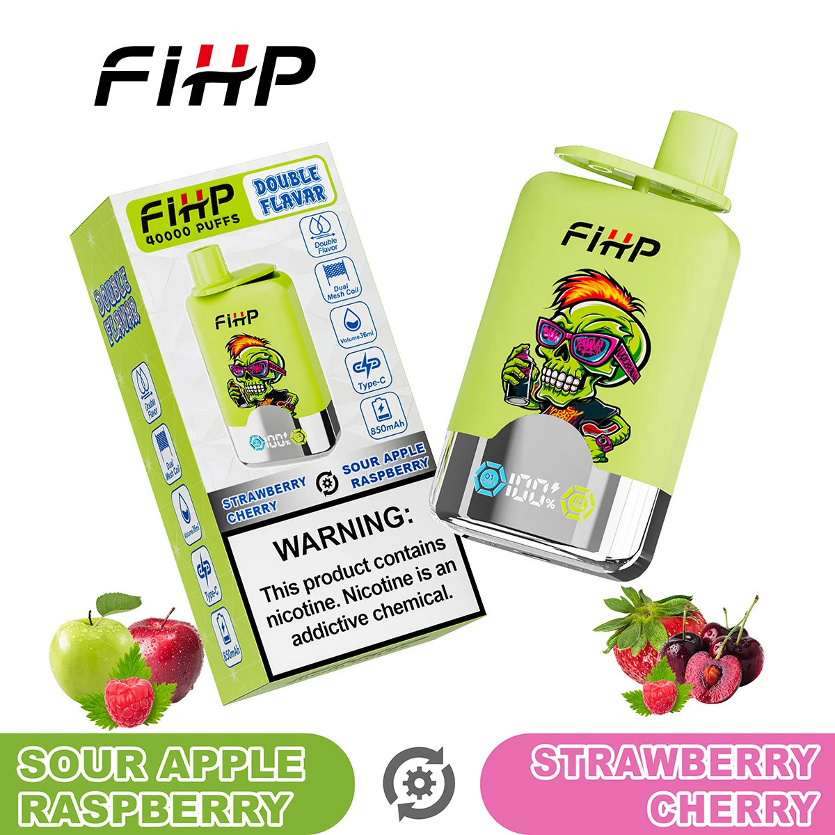 FiHP 40K 2-in-1 disposable vape and package for Sour Apple Raspberry and Strawberry Cherry flavors