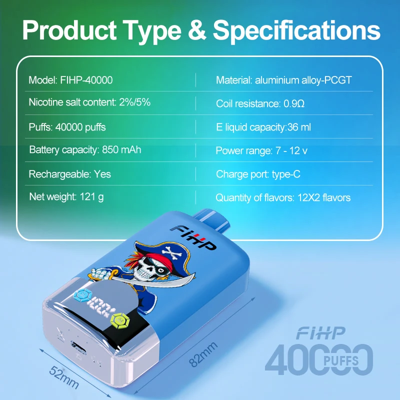 FiHP 40K specifications showing two flavors, 36mL e-liquid capacity and 850mAh battery