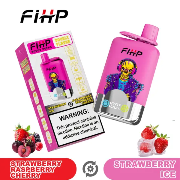 FiHP 40K 2-in-1 disposable vape and package for Strawberry Raspberry Cherry and Strawberry Ice flavors