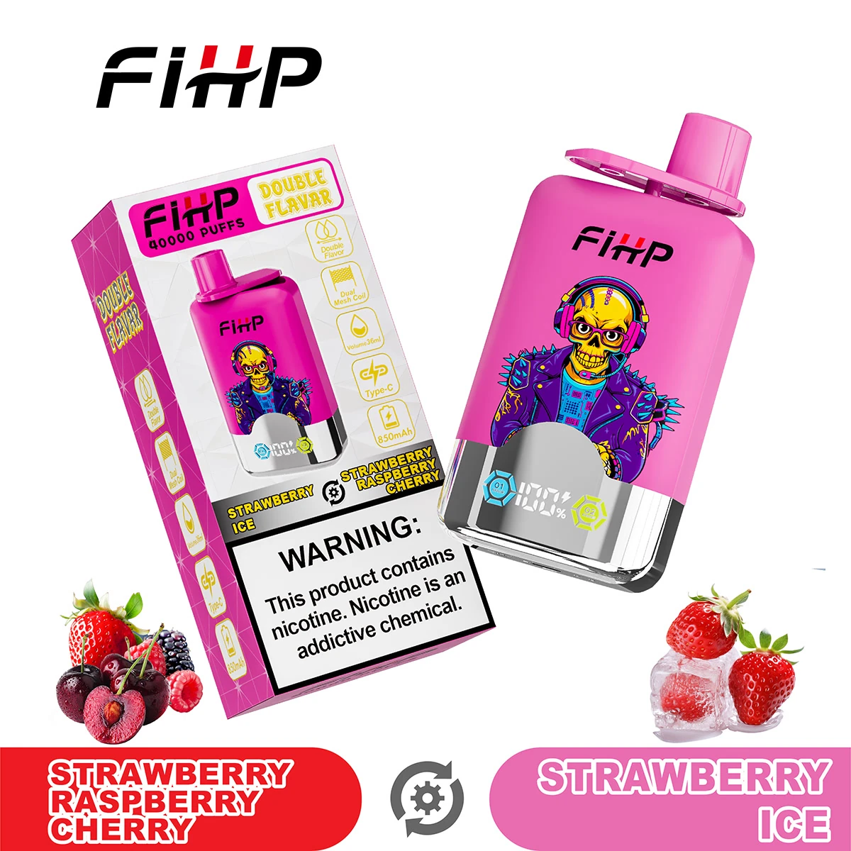 FiHP 40K 2-in-1 disposable vape and package for Strawberry Raspberry Cherry and Strawberry Ice flavors