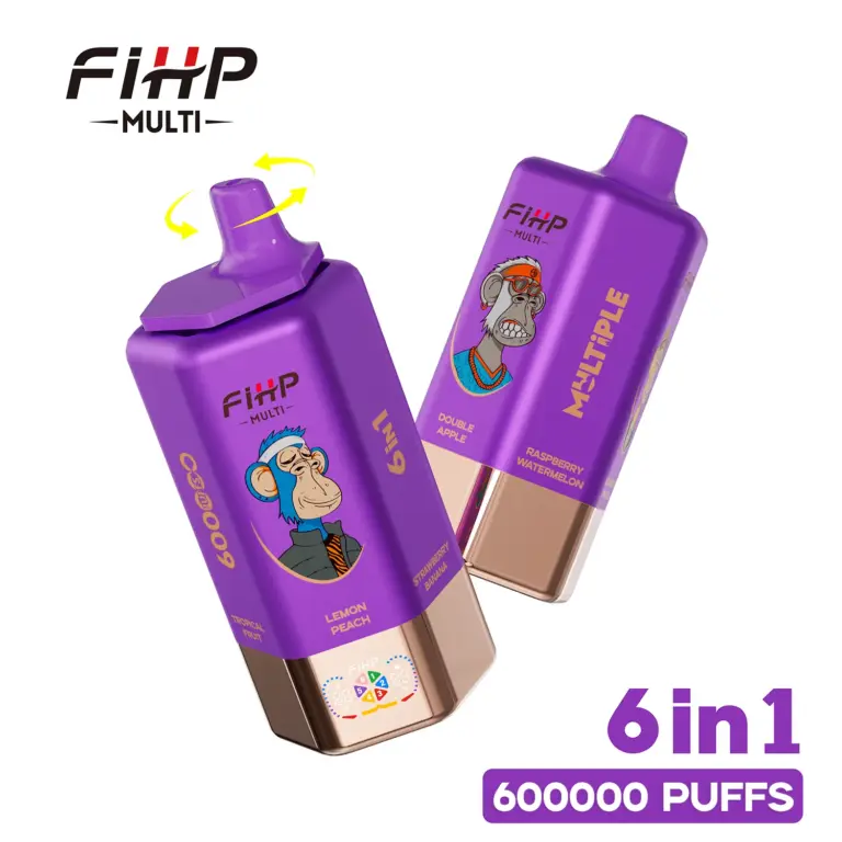 Front and back views of the purple FiHP 600K 6-in-1 vape