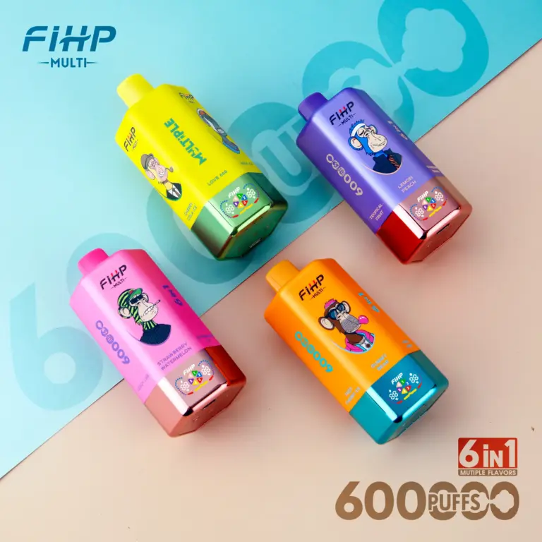 FiHP 600K 6-in-1 vape assortment on a cyan studio background