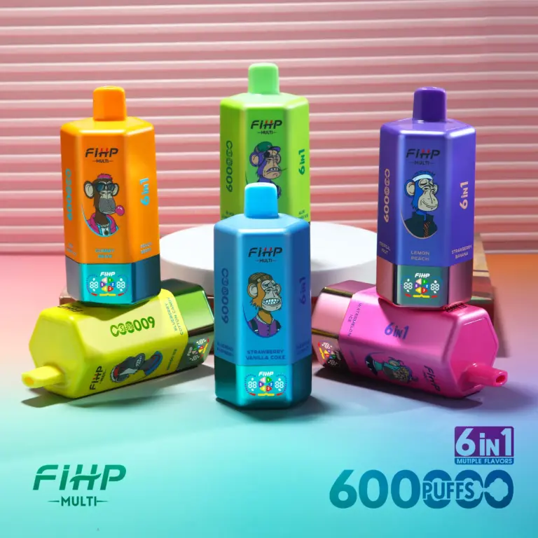 Stacked FiHP 600K 6-in-1 vape devices in multiple colors