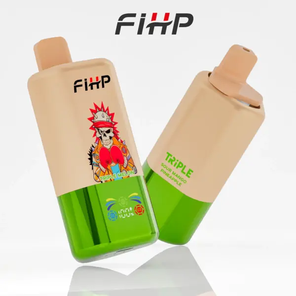 Front and back views of a FiHP 60K 3-in-1 disposable vape in beige and green