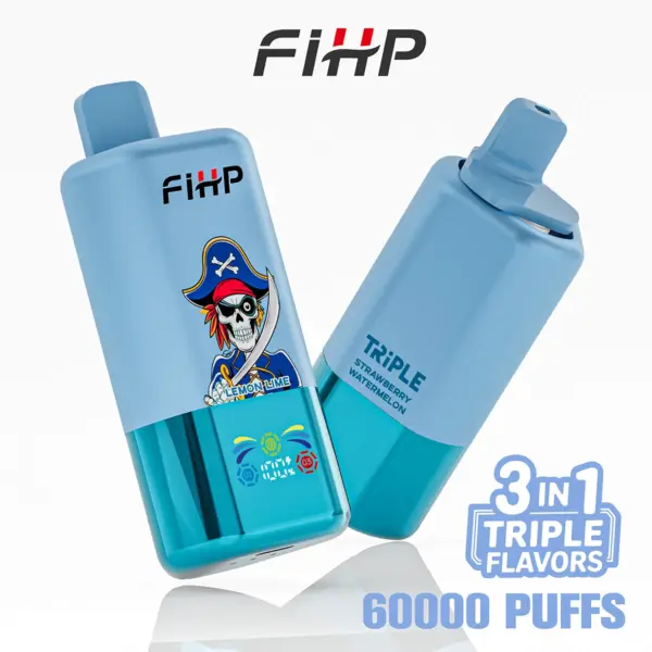 Front and back views of a FiHP 60K 3-in-1 disposable vape in blue and cyan