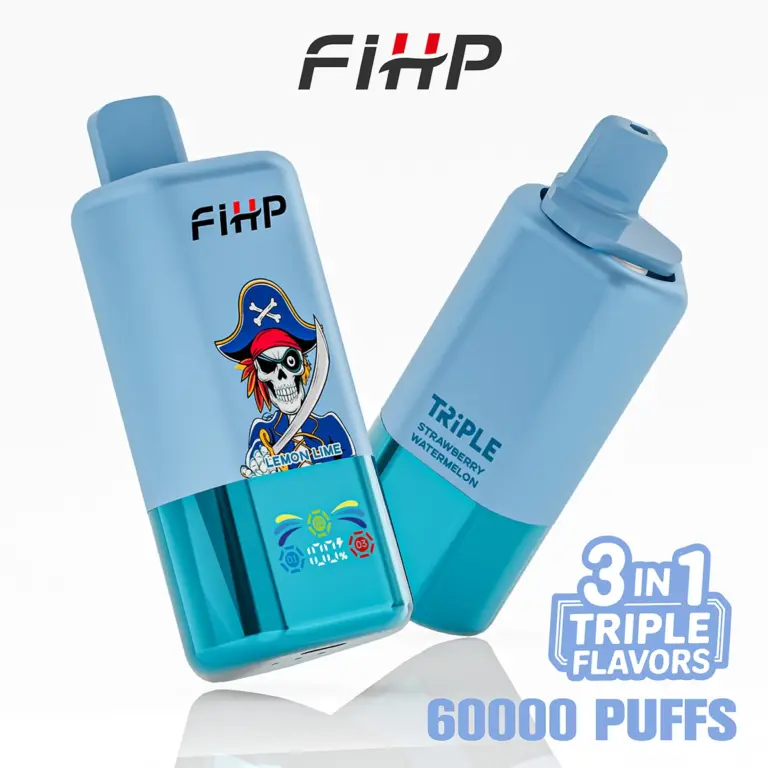 Front and back views of a FiHP 60K 3-in-1 disposable vape in blue and cyan