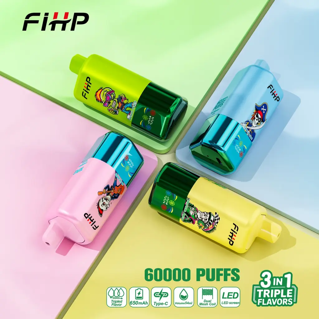 FiHP 60K 3-in-1 disposable vapes arranged in five bright colorways