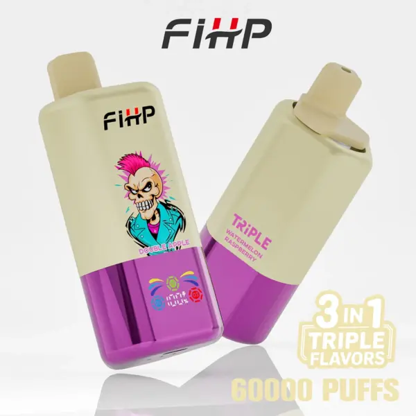 Front and back views of a FiHP 60K 3-in-1 disposable vape in cream and purple