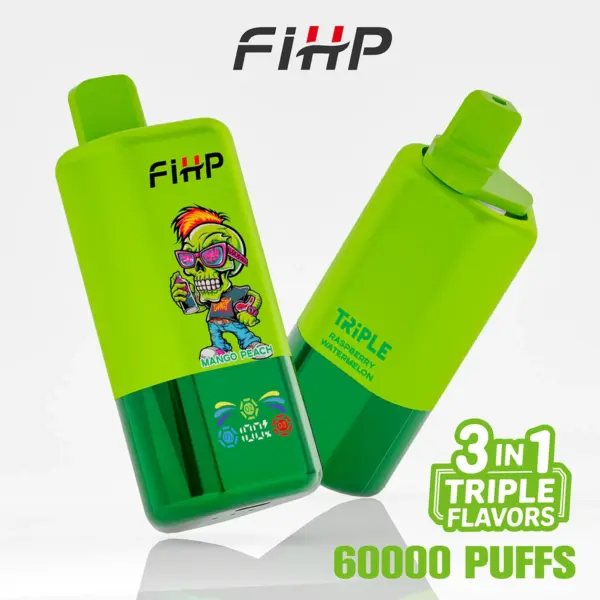 Front and back views of a FiHP 60K 3-in-1 disposable vape in lime green