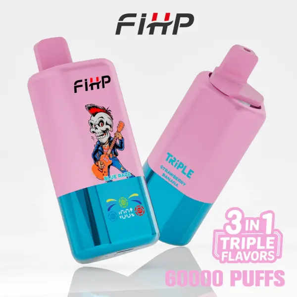 Front and back views of a FiHP 60K 3-in-1 disposable vape in pink and cyan