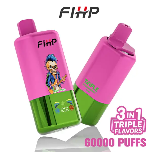 Front and back views of a FiHP 60K 3-in-1 disposable vape in pink and green