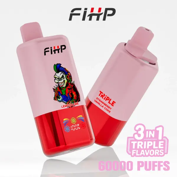 Front and back views of a FiHP 60K 3-in-1 disposable vape in pink and red