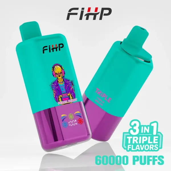 Front and back views of a FiHP 60K 3-in-1 disposable vape in teal and purple