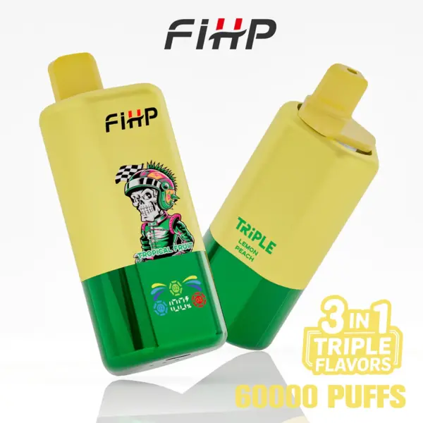 Front and back views of a FiHP 60K 3-in-1 disposable vape in yellow and green