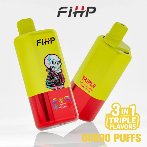 Front and back views of a FiHP 60K 3-in-1 disposable vape in yellow and red