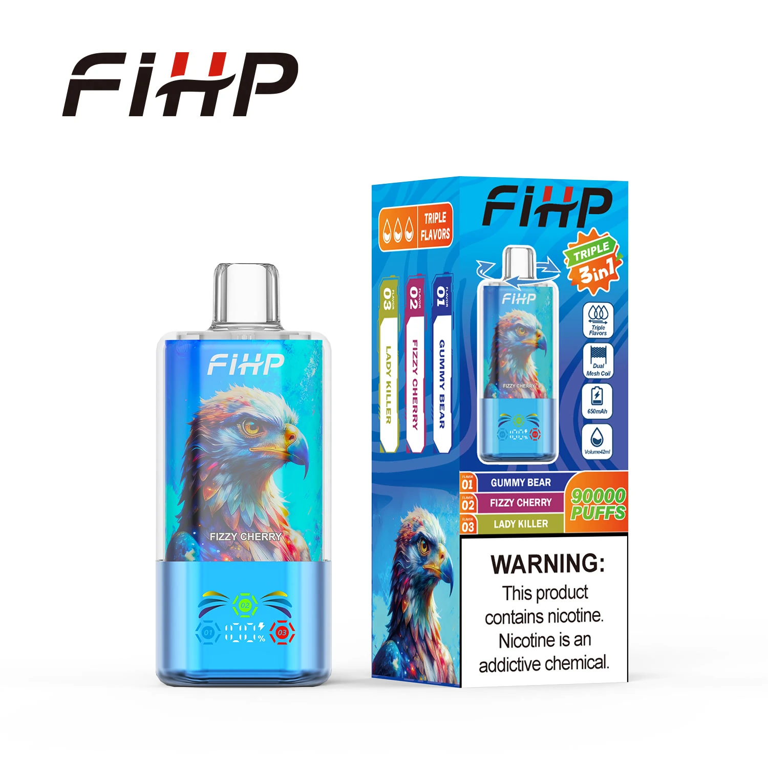 FiHP 90K 3-in-1 disposable vape with eagle artwork and retail package in blue