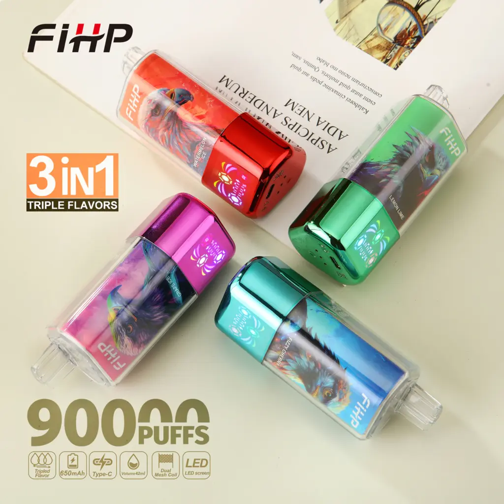 Four FiHP 90K 3-in-1 disposable vapes with eagle artwork arranged on a tabletop