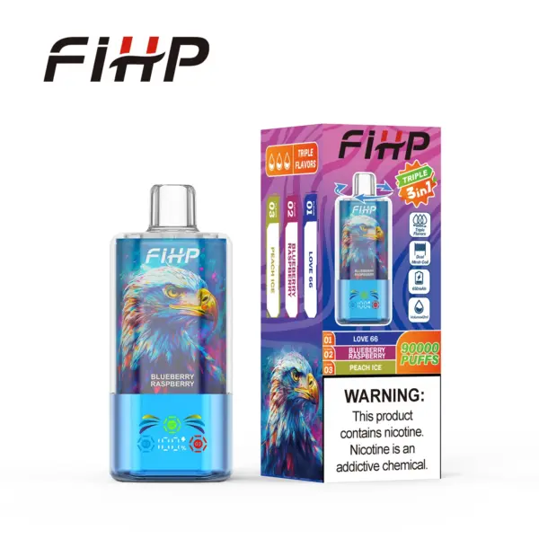 FiHP 90K 3-in-1 disposable vape with eagle artwork and retail package in cyan