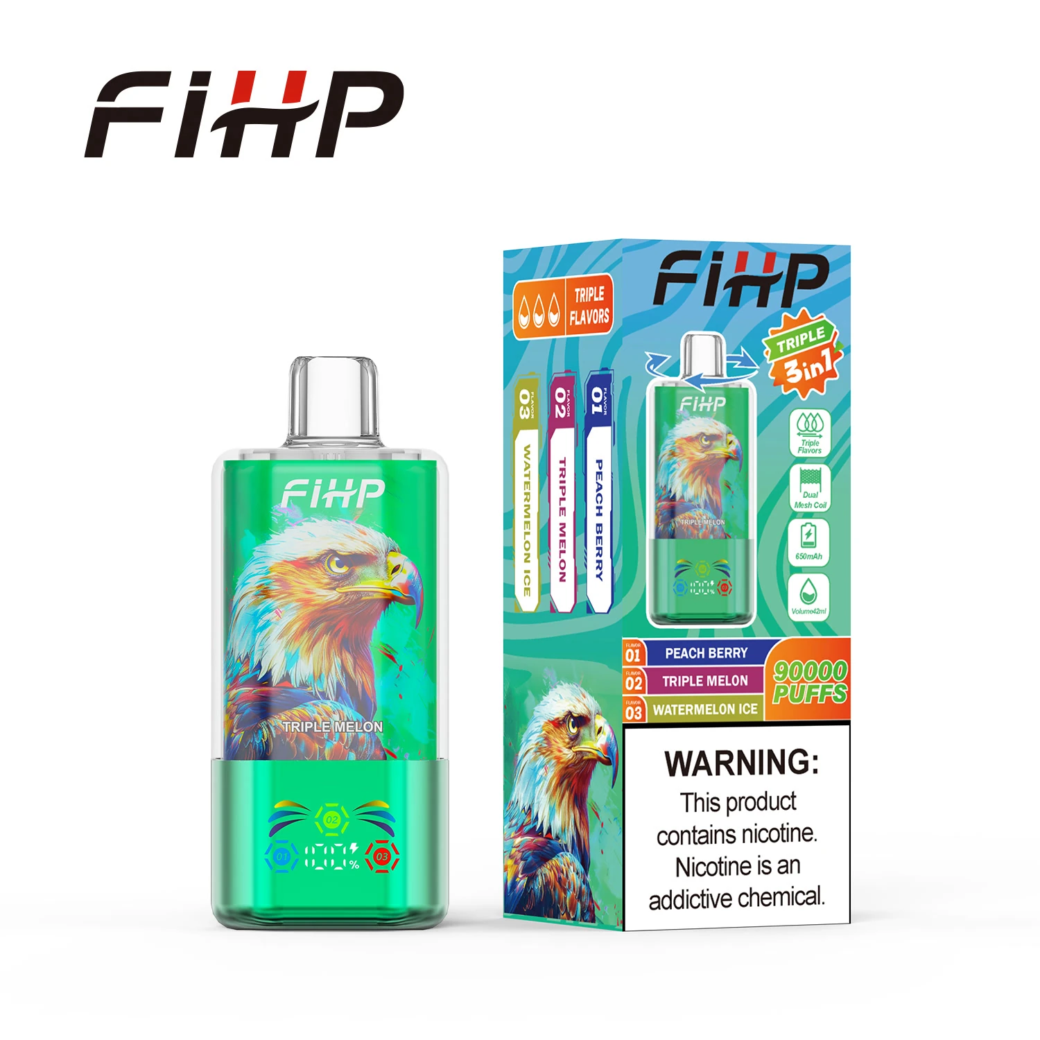 FiHP 90K 3-in-1 disposable vape with eagle artwork and retail package in green