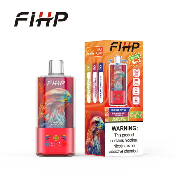 FiHP 90K 3-in-1 disposable vape with eagle artwork and retail package in pink