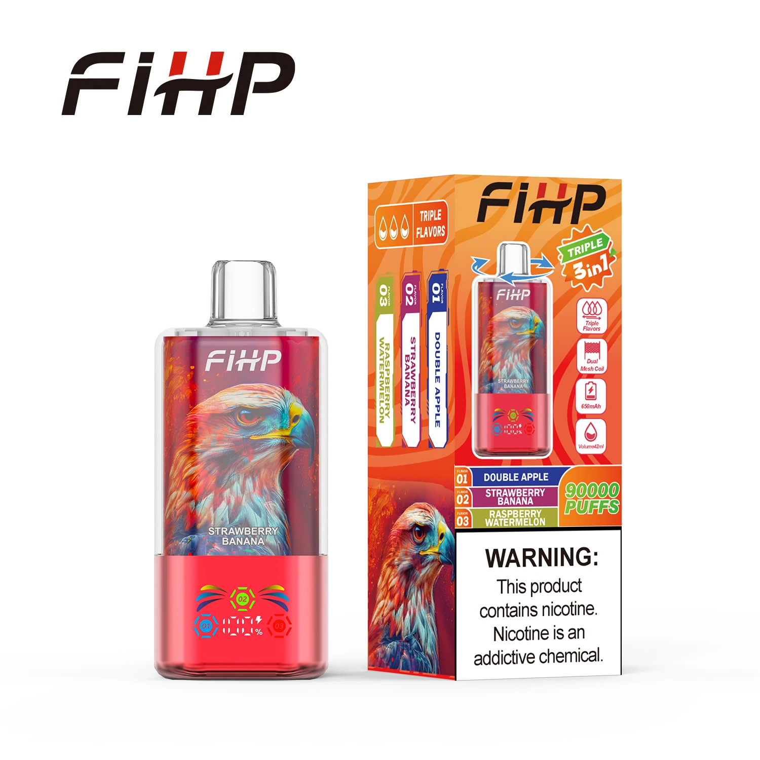FiHP 90K 3-in-1 disposable vape with eagle artwork and retail package in pink