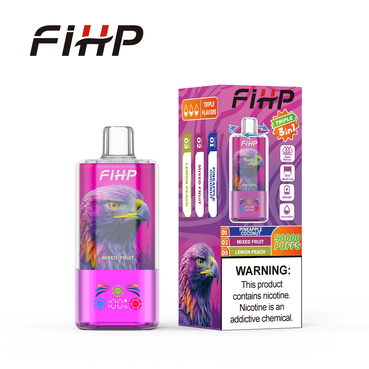 FiHP 90K 3-in-1 disposable vape with eagle artwork and retail package in purple