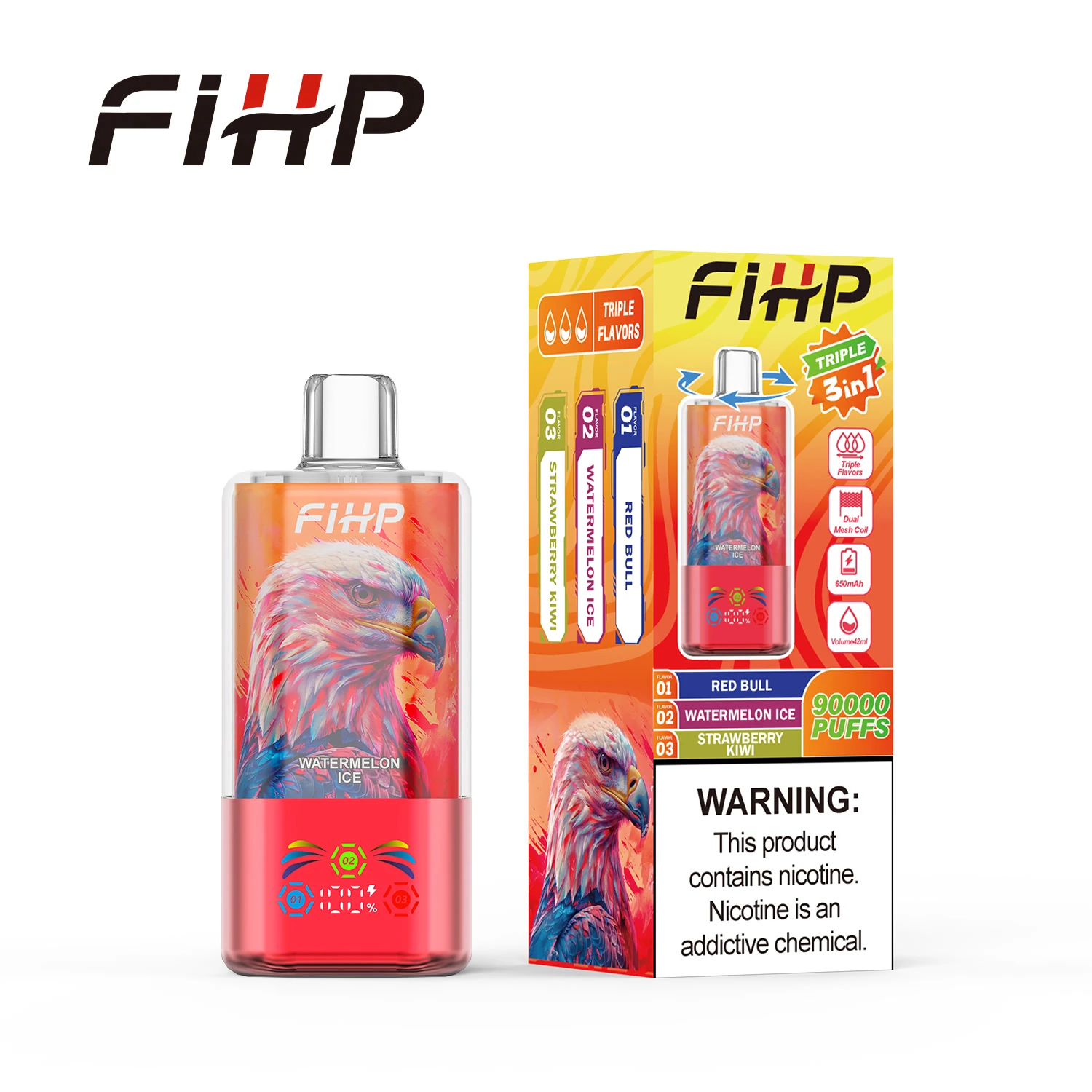 FiHP 90K 3-in-1 disposable vape with eagle artwork and retail package in red
