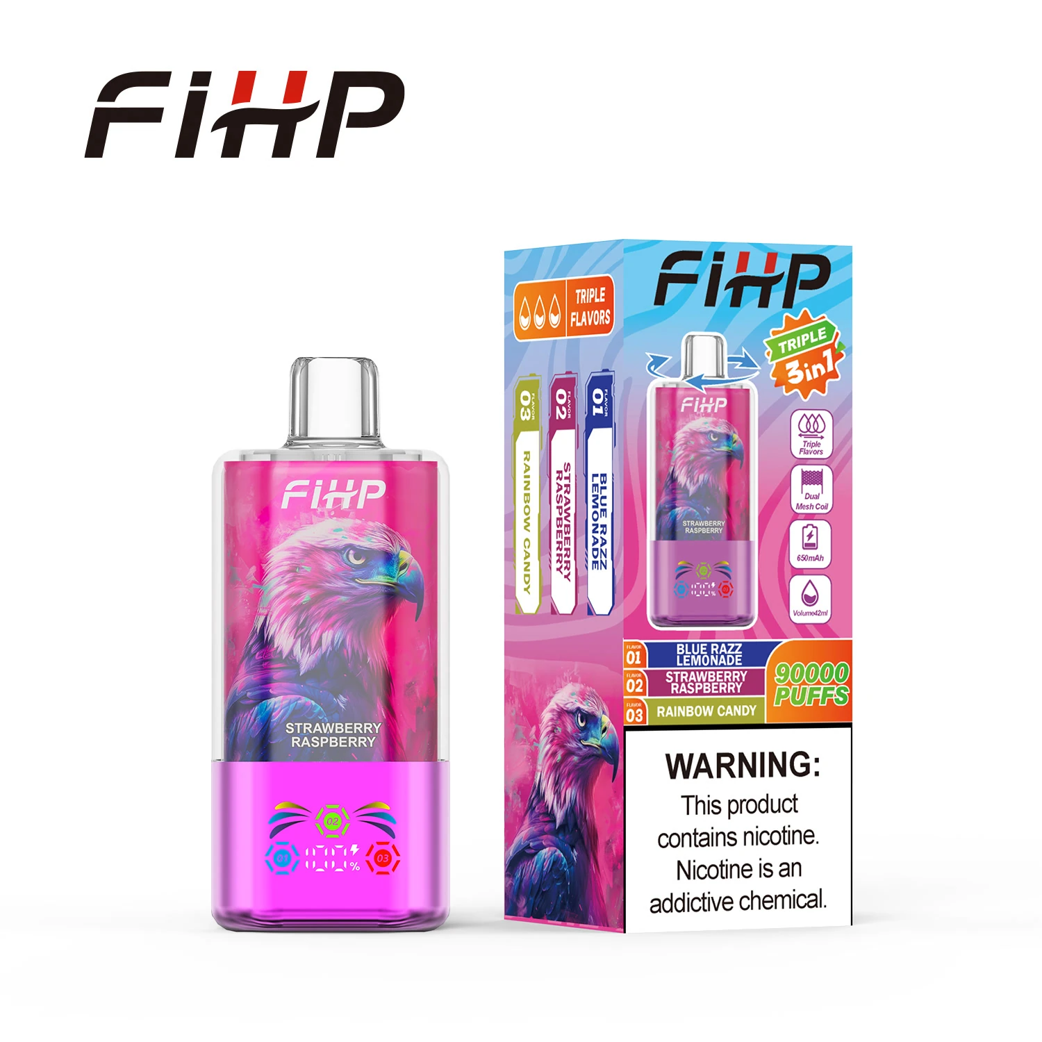 FiHP 90K 3-in-1 disposable vape with eagle artwork and retail package in rose