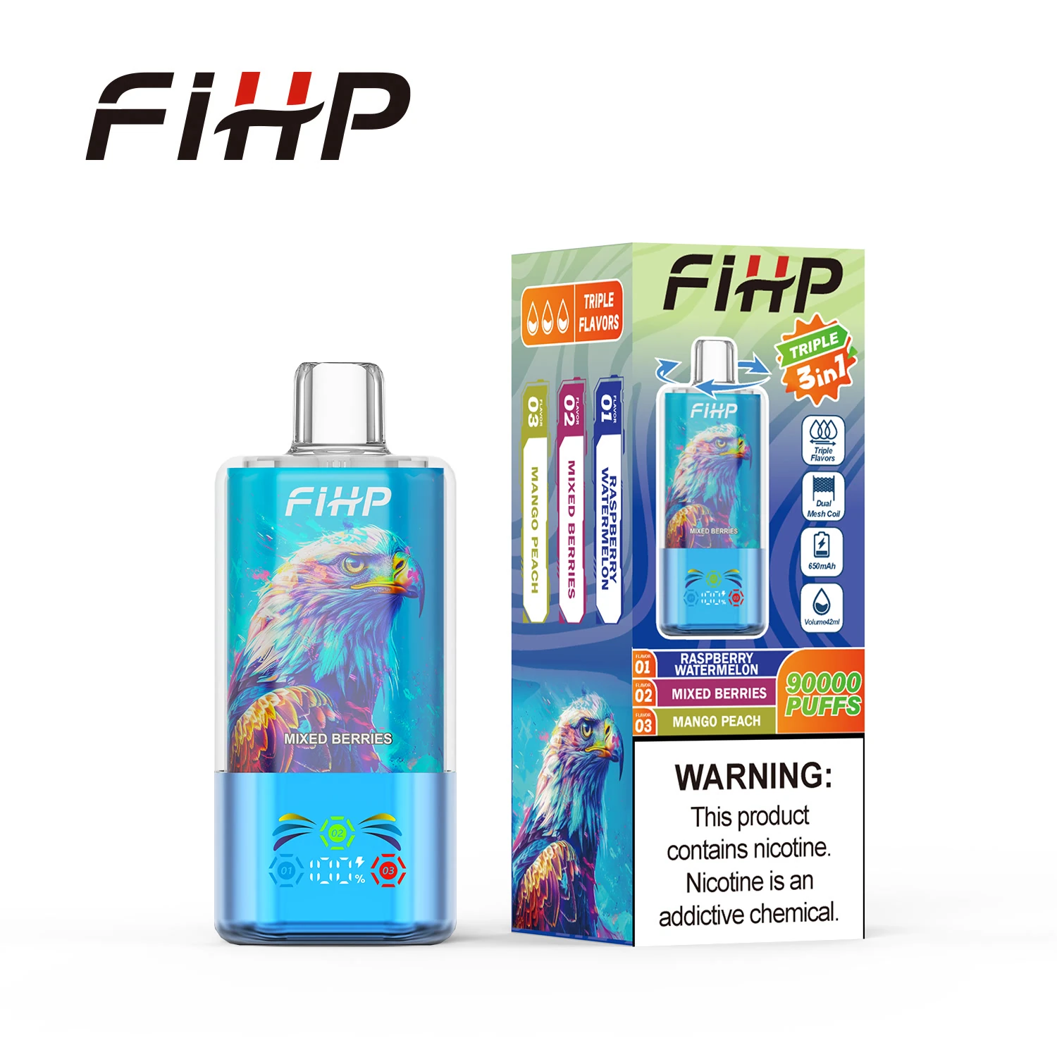 FiHP 90K 3-in-1 disposable vape with eagle artwork and retail package in sky blue