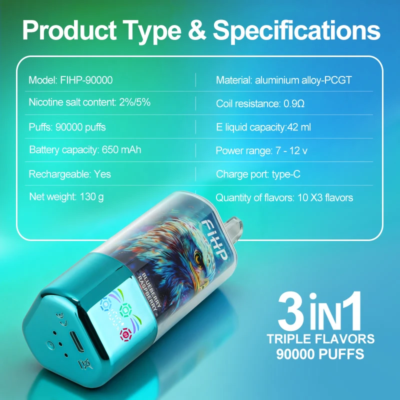 FiHP 90K specifications showing three flavors, 42mL e-liquid capacity and 650mAh battery