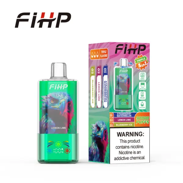 FiHP 90K 3-in-1 disposable vape with eagle artwork and retail package in teal